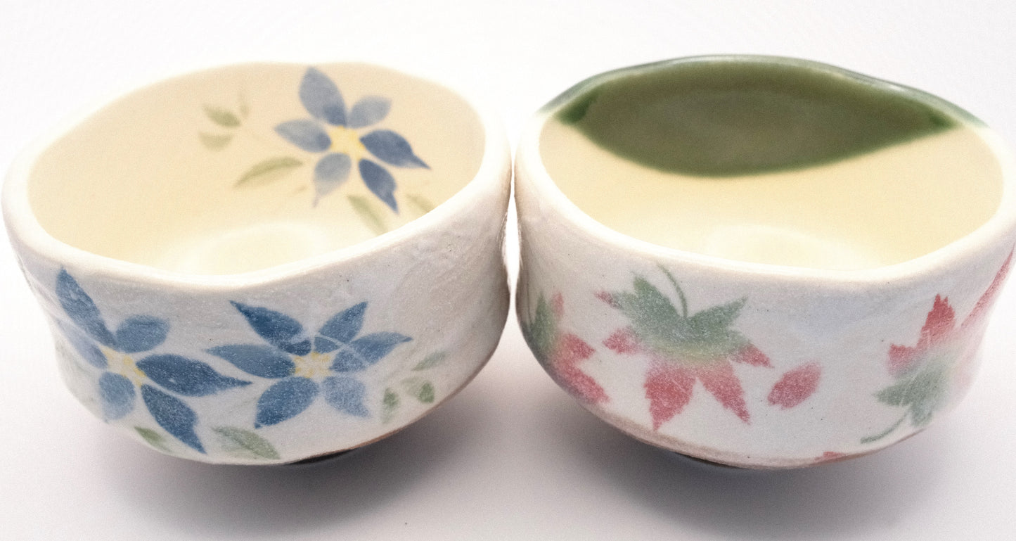 Mini Matcha set - Japanese Maple and Tessen flower motif (2 bowls, whisk, scoop)