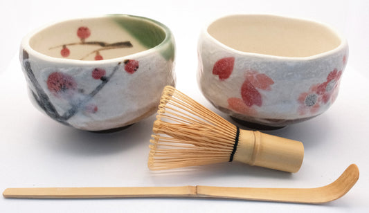 Mini Matcha set - Plum and Sakura motif (2 bowls, whisk, scoop)