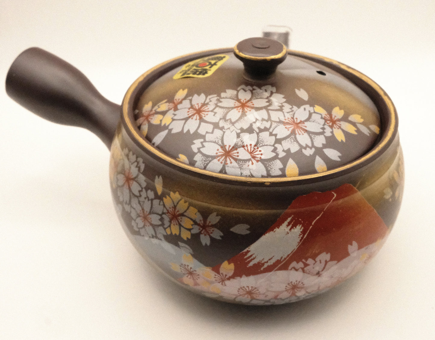 Banko Ware Teapot with Red Mt. Fuji and Sakura Motif